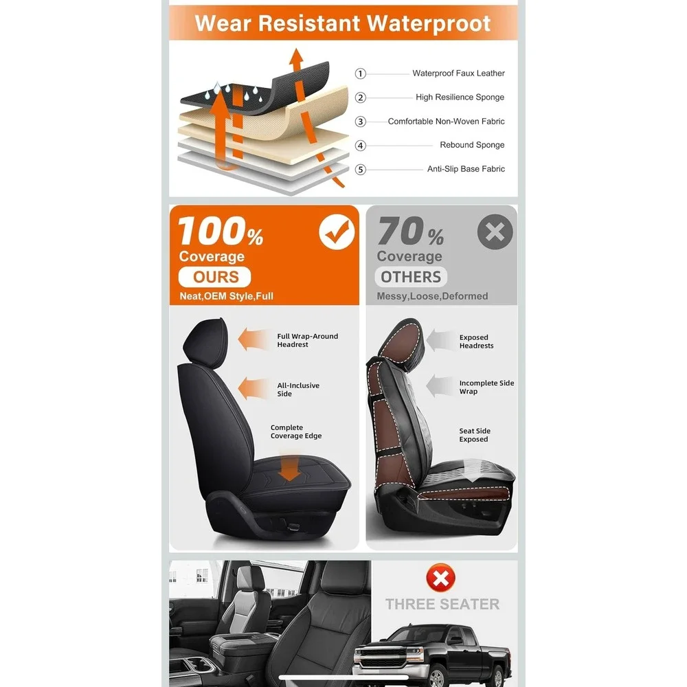 Black Faux Leather Car Seat Covers Chevy Silverado Sierra 2007-2025 Waterproof